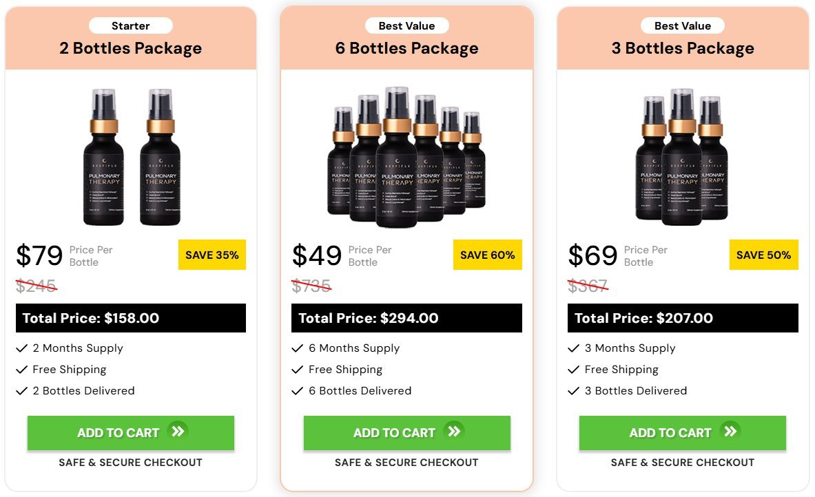 RespiFlo Pricing - 2 Bottles $79 each Save 35%, 6 Bottles $49 each Save 60%, 3 Bottles $69 each Save 50%